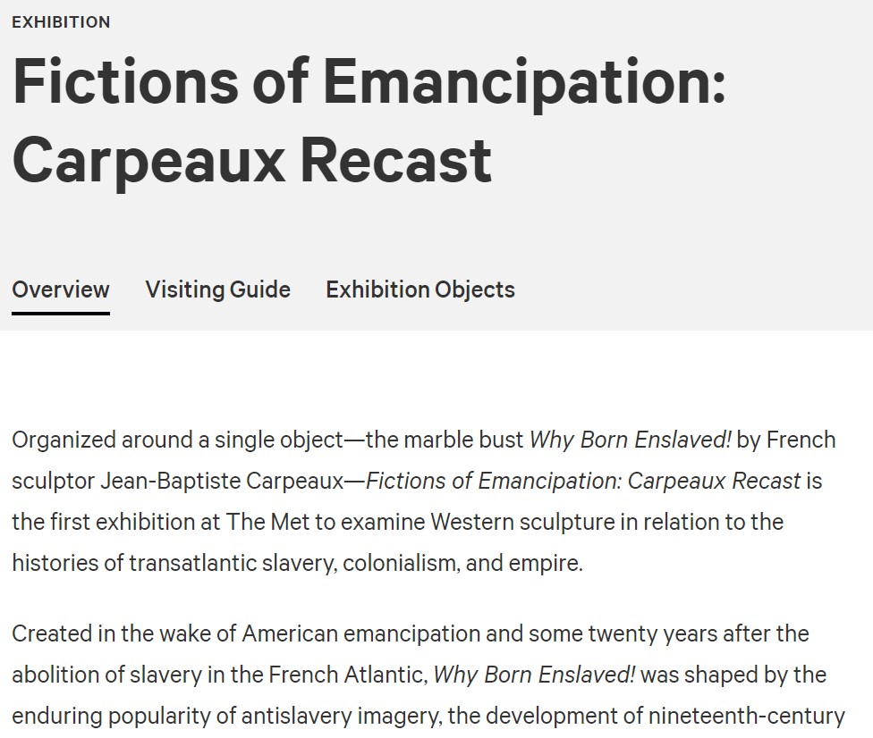 screengrab from the Met's website Fictions of Emancipation exhibition