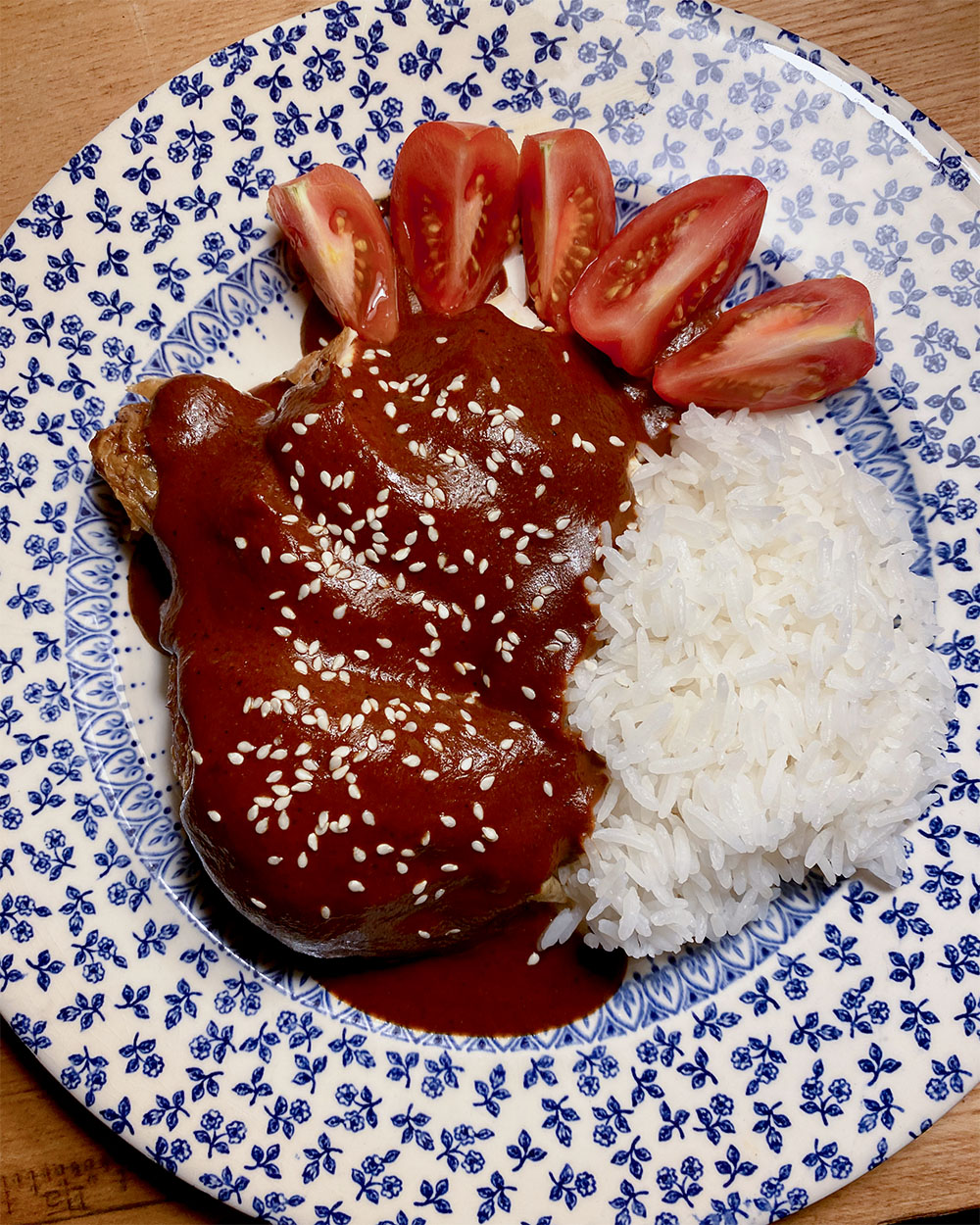 plate of food with mole and rice