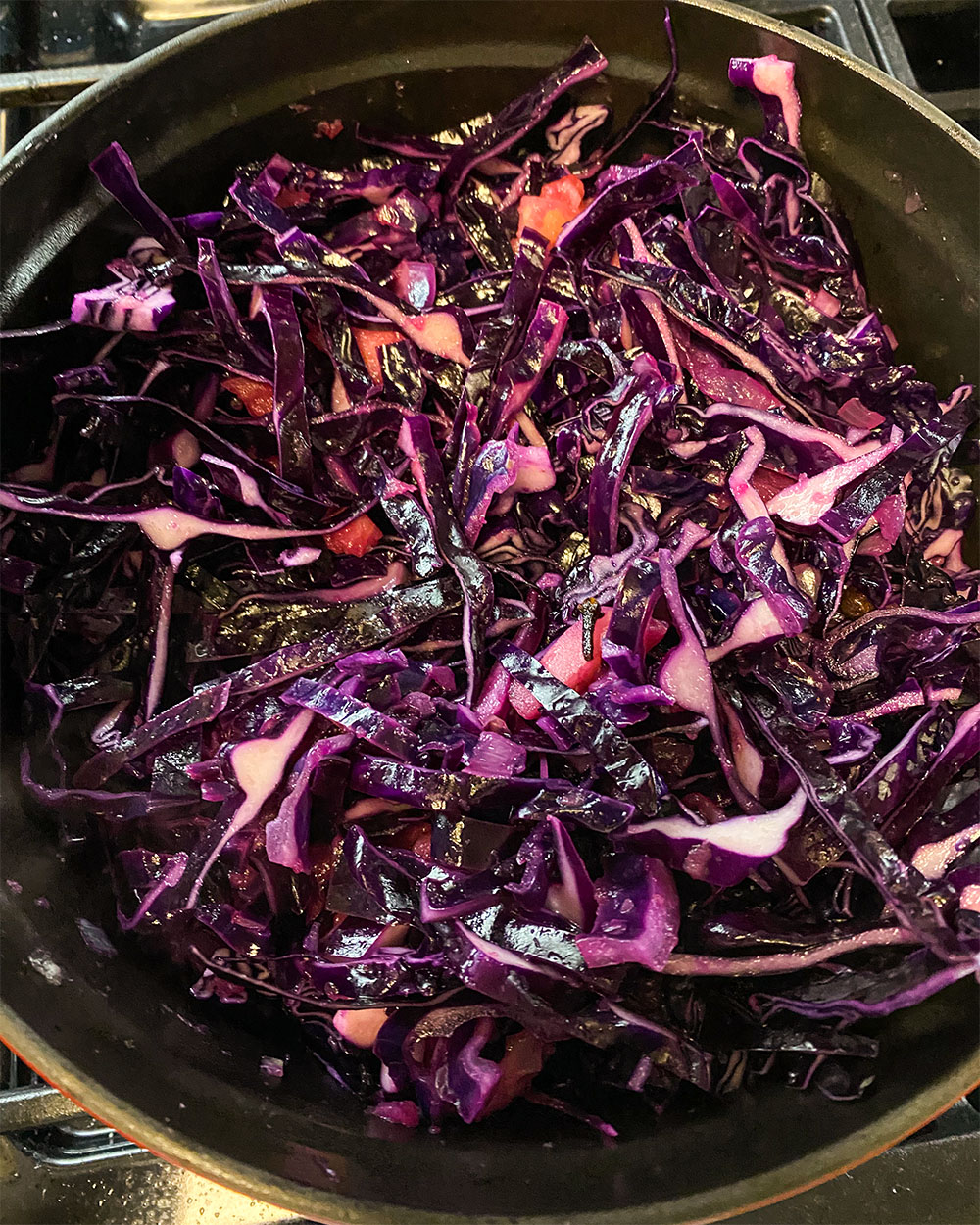 purple cabbage cooking in a pot