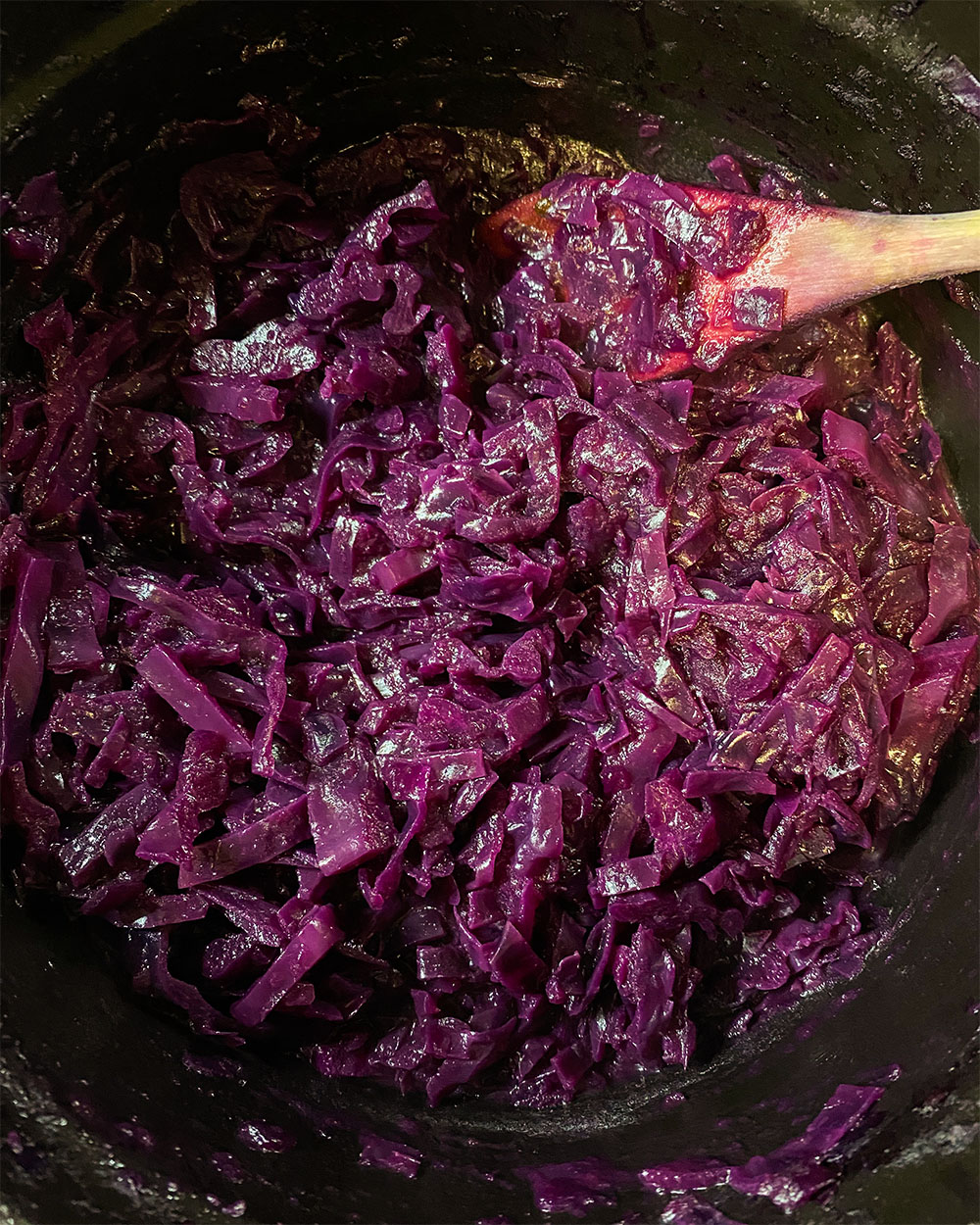 purple cabbage cooking in a pot